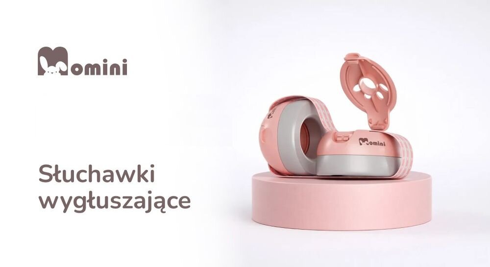 Słuchawki wygłuszające MOMINI Mimi ochrona słuchu dzieci redukcja hałasu komfort użytkowania, słuchawki leżące na postumencie na białym tle