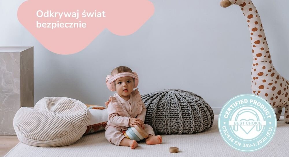 Słuchawki wygłuszające MOMINI Mimi certyfikat EN 352-1 CE 2834 tłumienie 18 dB ochrona słuchu dzieci, dziecko z założonymi słuchawkami wygłuszającymi