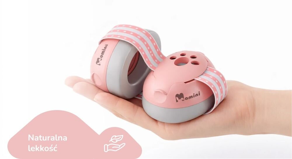 Słuchawki wygłuszające MOMINI Mimi miękki pałąk lekkie nauszniki komfort dzieci dopasowanie, słuchawki leżące na dłoni na białym tle