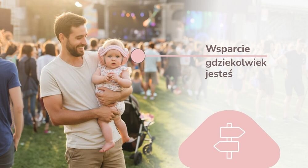 Słuchawki wygłuszające MOMINI Mimi zielony kolor design dzieci styl codzienny, dziecko z założonymi słuchawkami wygłuszającymi na rękach rodzica