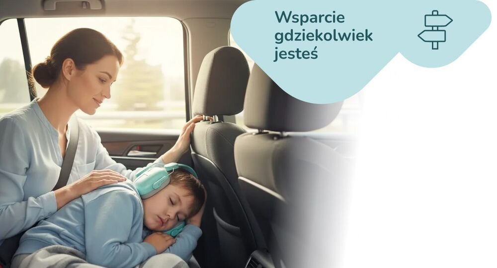 Słuchawki wygłuszające MOMINI Milo redukcja bodźców koncentracja dzieci komfort codzienne użytkowanie, dziecko śpiące w aucie z założonymi słuchawkami wygłuszającymi