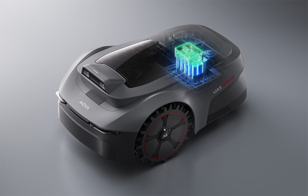 Robot koszący o nowoczesnym designie z przezroczystą obudową ukazującą wewnętrzne komponenty. Na obudowie widoczne są napisy: \'MOVA\' oraz \'ViAX 300\'.