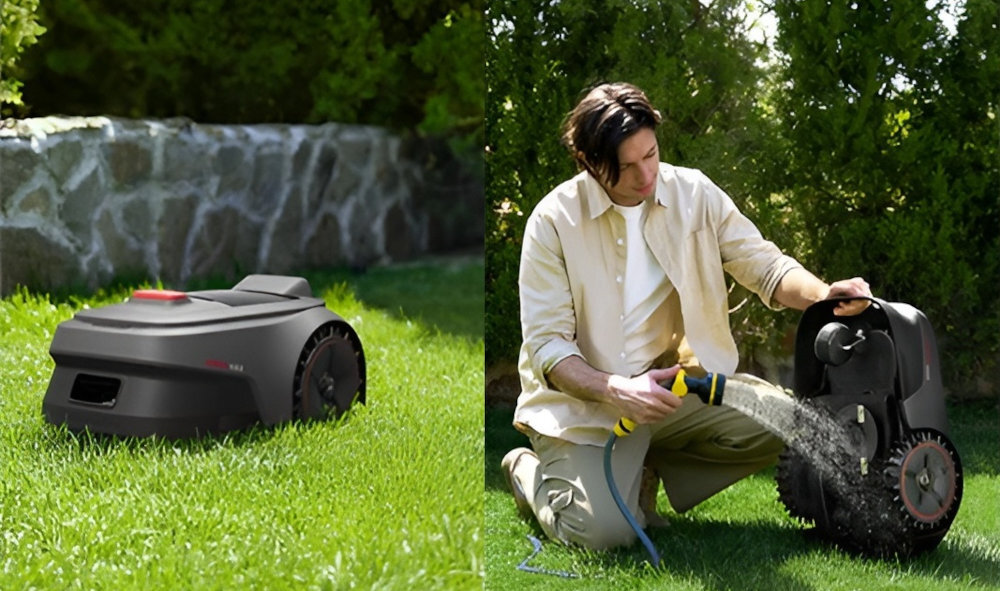 Na obrazie widać robota koszącego trawę na trawniku oraz osobę myjącą koła robota za pomocą węża ogrodowego. Robot jest koloru czarnego z widocznym napisem \'MOVA ViAX 300\'.