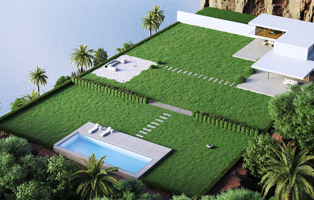 Robot koszący DREAME A2 1200 ogród trawnik robot kosi trawę widok z góry basen dom strefa wypoczynkowa precyzyjne definiowanie stref wykluczonych bezpośrednio w aplikacji dla ogrodów o zróżnicowanym układzie szerokość koszenia do 22 cm wysokość koszenia w zakresie 30-70 mm