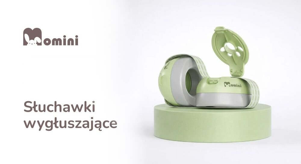 Słuchawki wygłuszające MOMINI Mimi ochrona słuchu dzieci redukcja hałasu komfort użytkowania, słuchawki leżące na postumencie na białym tle