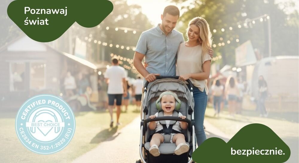 Słuchawki wygłuszające MOMINI Mimi certyfikat EN 352-1 CE 2834 tłumienie 18 dB ochrona słuchu dzieci, dziecko siedzące w wózku, rodzice porwadzący wózek