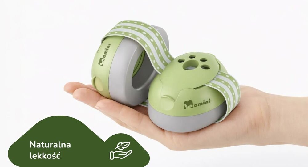 Słuchawki wygłuszające MOMINI Mimi miękki pałąk lekkie nauszniki komfort dzieci dopasowanie, słuchawki leżące na dłoni na białym tle