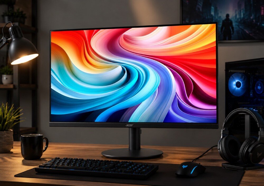 Monitor ACER SA273P1BIP Czarny monitor o przekątnej 27 cali prezentujący barwną grafikę na biurku, opis