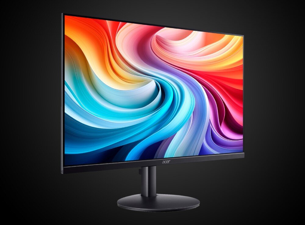 Monitor ACER SA273P1BIP Monitor stojący pod kątem na ciemnym tle, wyświetlający kolorową grafikę, przekątna, matryca, rozdzielczość
