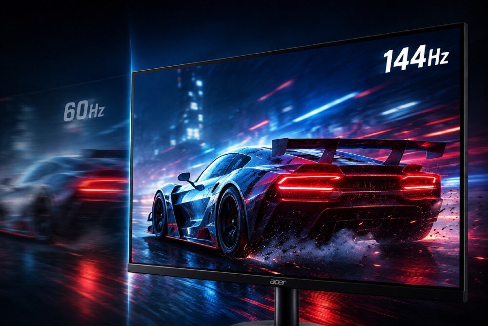 Monitor ACER SA273P1BIP Dynamiczna scena z gry wyścigowej na ekranie monitora Acer SA27F prezentująca płynność 144 Hz, płynność, odświeżanie, czas reakcji