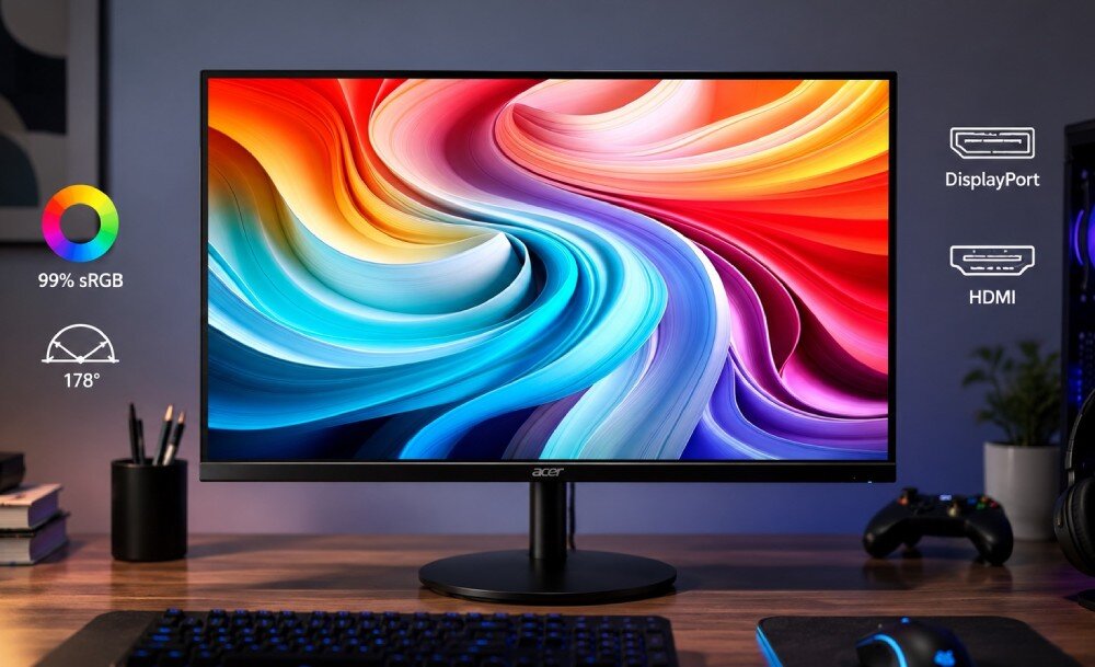 Monitor ACER SA273P1BIP Zbliżenie na tylny panel monitora Acer z podłączonym kablem DisplayPort i HDMI, kolory, odwzorowanie barw, gniazda