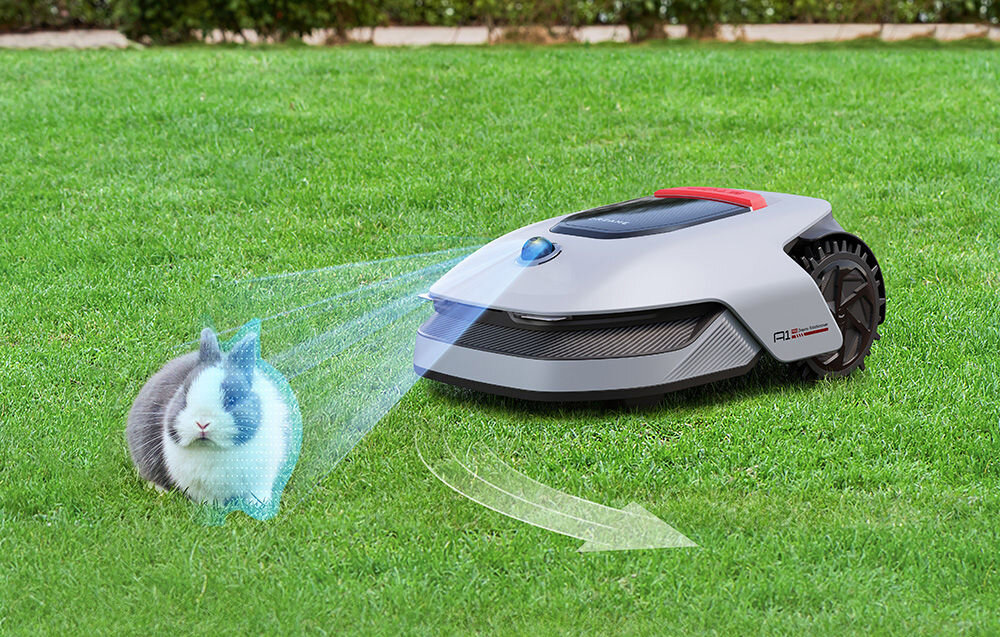 Robot koszący DREAME A1 PRO 1000 ogród trawnik robot kosi trawę przed robotem stoi królik strzałka pokazująca kierunek jazdy zaawansowany czujnik 360° 3D LiDAR zasięg wykrywania do 70 metrów szerokie pole widzenia 360° x 59° szybko i dokładnie skanuje teren urządzenie porusza się pewnie nawet w złożonym otoczeniu