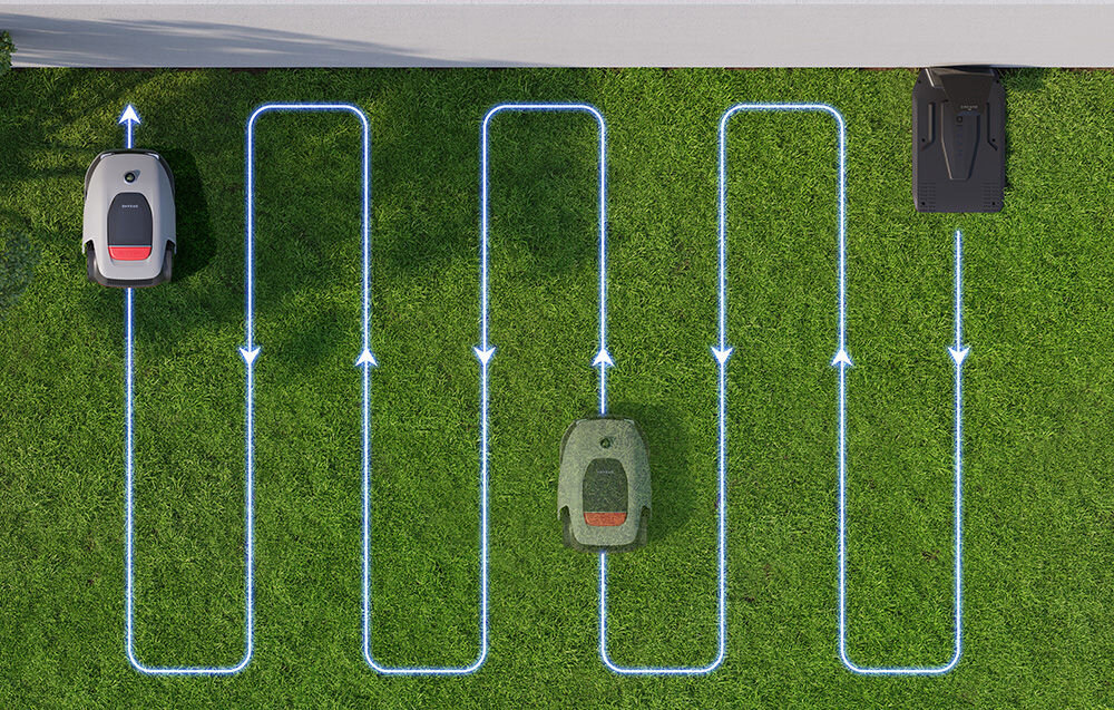 Robot koszący DREAME A1 PRO 1000 ogród trawnik robot kosi trawę strzałki pokazujące kierunek jazdy inteligentnie zaplanowanej ścieżki w kształcie litery U wyjątkowo równomierne i estetyczne efekty koszenia w trybie standardowym trawnik o powierzchni do 800 m² w ciągu 24 godzin w trybie wysokiej wydajności nawet do 1000 m² w tym samym czasie