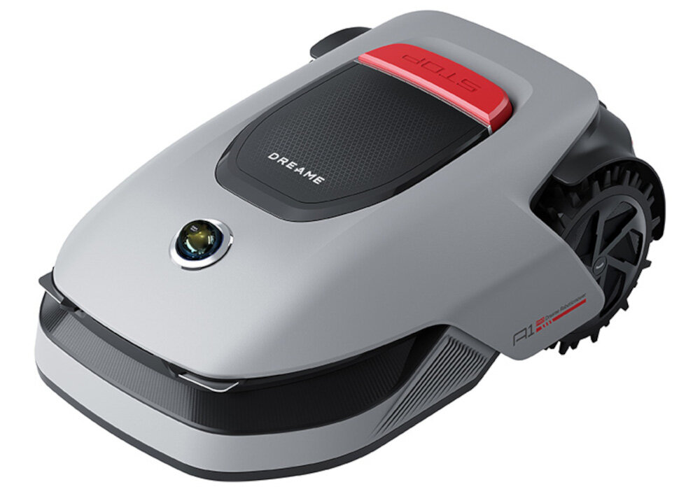 Robot koszący DREAME A1 PRO 1000 robot na białym tle widoczny od przodu lekko pod skosem jedno kliknięcie w aplikacji Dreamehome odpowiednio dopasować koszenie do pory roku szerokość koszenia do 22 cm wysokość koszenia w zakresie 30-70 mm