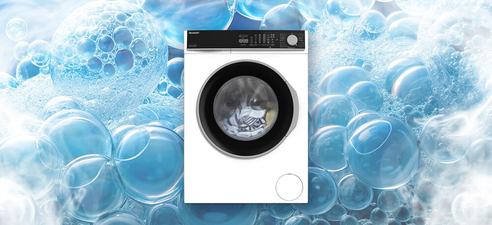 PRALKA SHARP ES-NFL714AWNNA-PL Na grafice w centrum znajduje się biała pralka SHARP z pracującym bębnem, w którym widać pranie. Tło stanowi wypełniająca cały kadr kompozycja z niebieskich i białych pianowych bąbelków, symbolizujących intensywne, skuteczne pranie foam protection unbalance control overflow protection stabilna praca