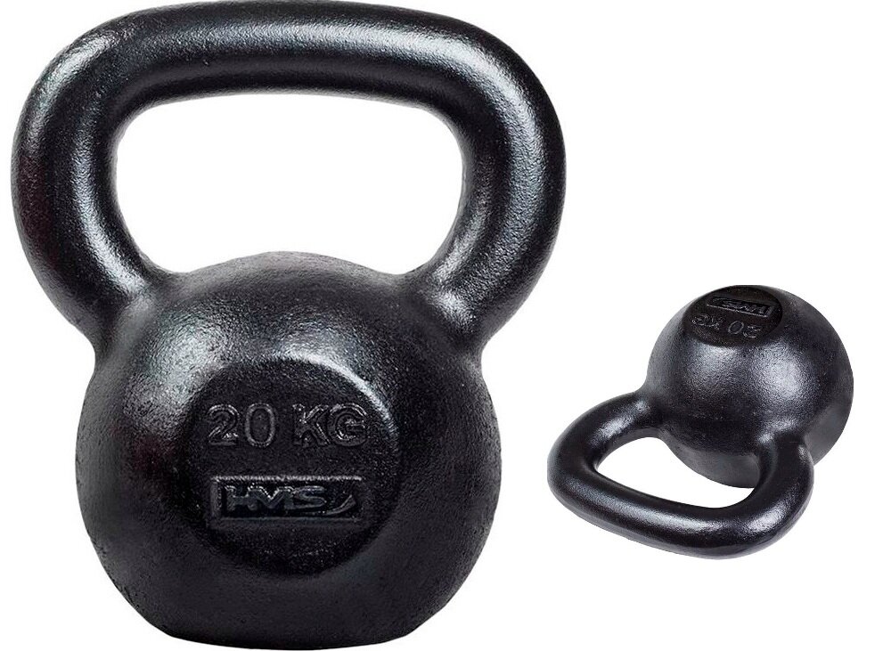 Kettlebell HMS KZG20 (20 kg) kettlebell na białym tle widoczny od przodu obok małe zdjęcie kettlebella położonego na płasko o masie 20 kg do treningu siłowego i funkcjonalnego pozwala ćwiczyć całe ciało w domu i na siłowni dzięki pracy wielostawowej angażujesz więcej mięśni jednocześnie skraca czas treningu i przynosi szybciej odczuwalne efekty