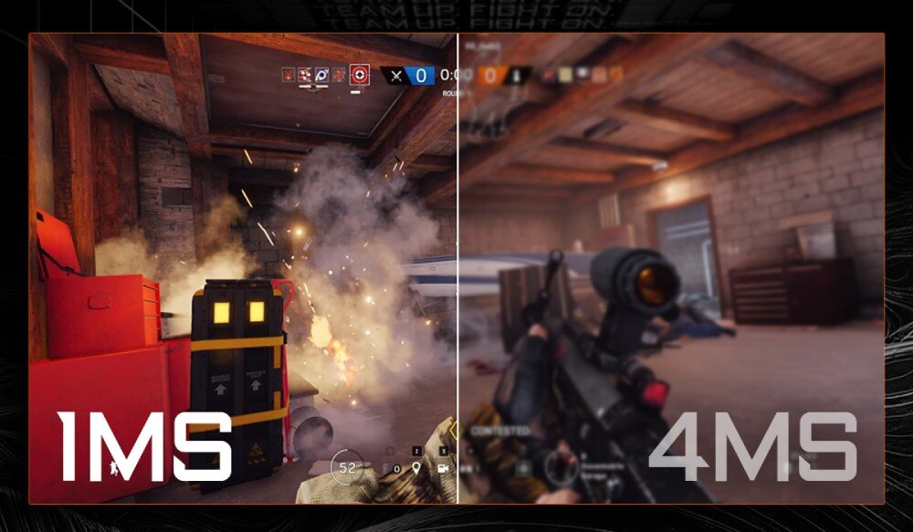 Monitor GIGABYTE G25F2 Scena z gry akcji pokazująca różnicę w ostrości obrazu, po lewej stronie z napisem '1MS' i wyraźnymi detalami wybuchu, po prawej z napisem '4MS' i rozmazanym obrazem, czas reakcji, płynność