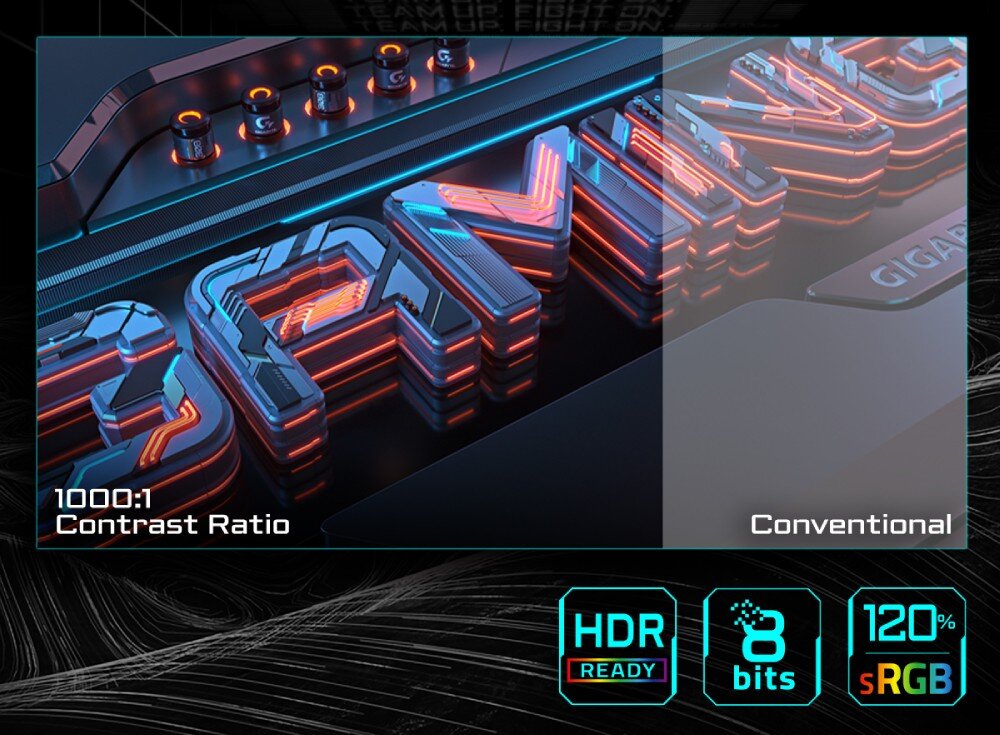 Monitor GIGABYTE G25F2 Grafika z napisem 'GAMING' oświetlonym na niebiesko-czerwono, po lewej stronie widoczny napis '1000:1 Contrast Ratio', a poniżej ikony 'HDR Ready', '8 bits' i '120% sRGB', kolory, odwzorowanie barw, kontrast, HDR