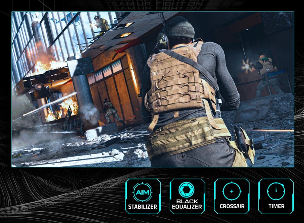 Monitor GIGABYTE G25F2 Scena z gry FPS pokazująca żołnierza w akcji na tle eksplozji, poniżej widoczne ikony 'AIM Stabilizer', 'Black Equalizer', 'Crosshair' i 'Timer', funkcje dla graczy