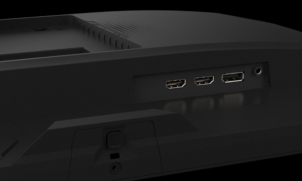 Monitor GIGABYTE G25F2 Zbliżenie tylnego panelu monitora z widocznymi portami, w tym dwoma złączami HDMI, jednym DisplayPort i gniazdem słuchawkowym, głośniki, porty