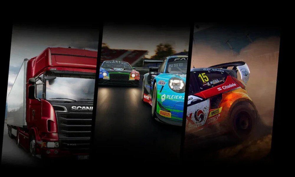 Kierownica SIMAGIC GT Sport 300mm QR50 Alcantara Kolaż trzech grafik przedstawiających ciągnik siodłowy, dwa samochody wyścigowe na torze oraz auto rajdowe w poślizgu na szutrze