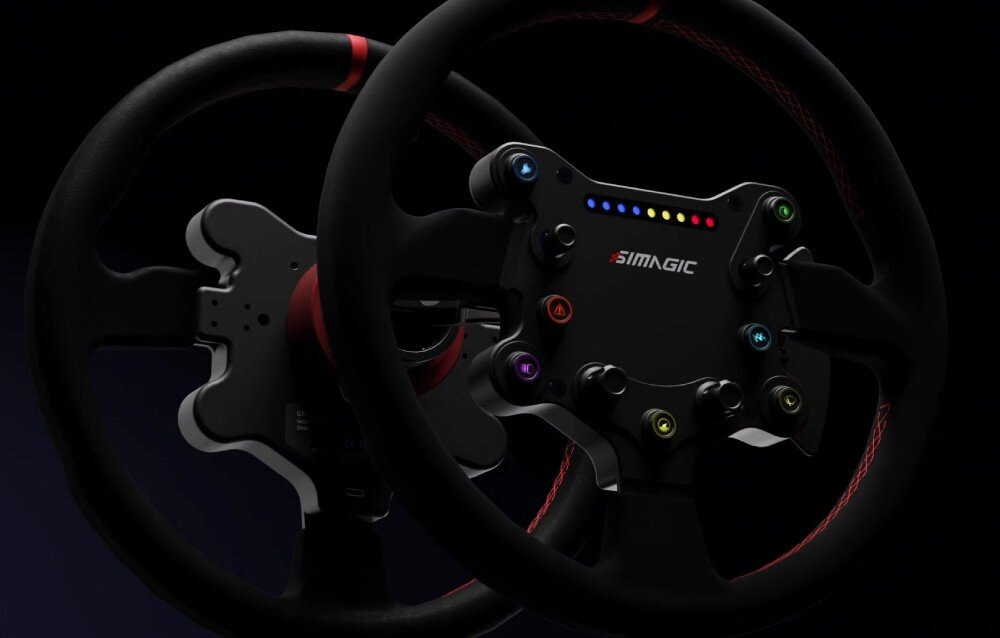 Kierownica SIMAGIC GT Sport 300mm QR50 Alcantara Okrągła kierownica wyścigowa z panelem centralnym zawierającym przyciski, pokrętła i kolorowe diody LED na białym tle