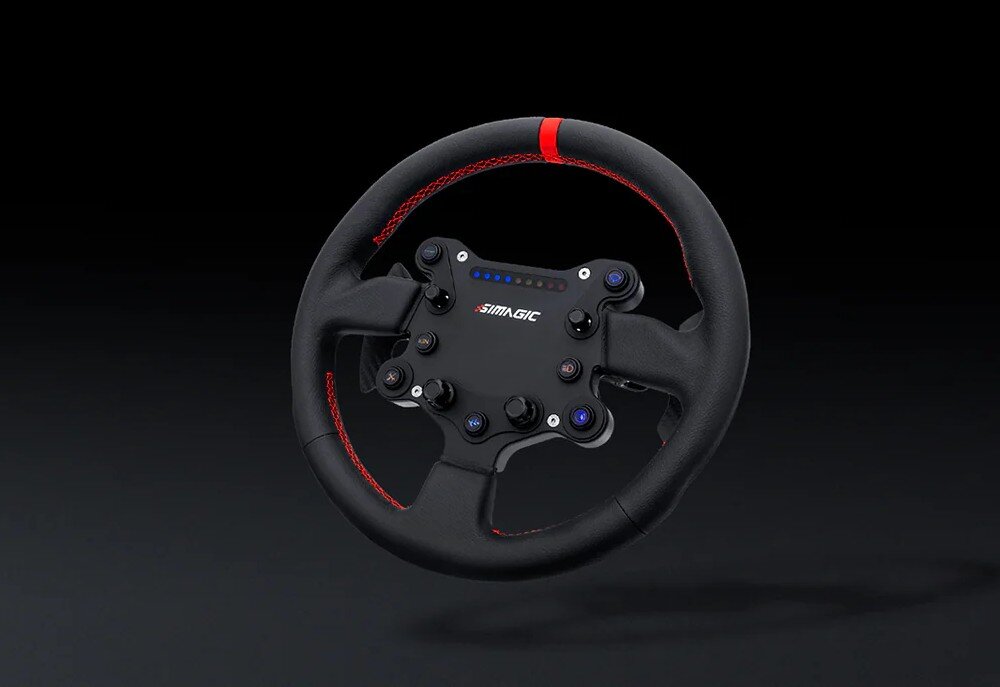 Kierownica SIMAGIC GT Sport 300mm QR50 Alcantara Kierownica wyścigowa widziana z profilu od góry, pokazująca grubość obręczy, mechanizm mocujący oraz łopatki zmiany biegów
