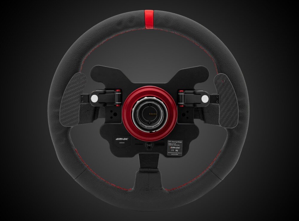 Kierownica SIMAGIC GT1-SR Tył kierownicy wyścigowej pokazujący mechanizm szybkiego montażu oraz łopatki zmiany biegów z dwóch stron