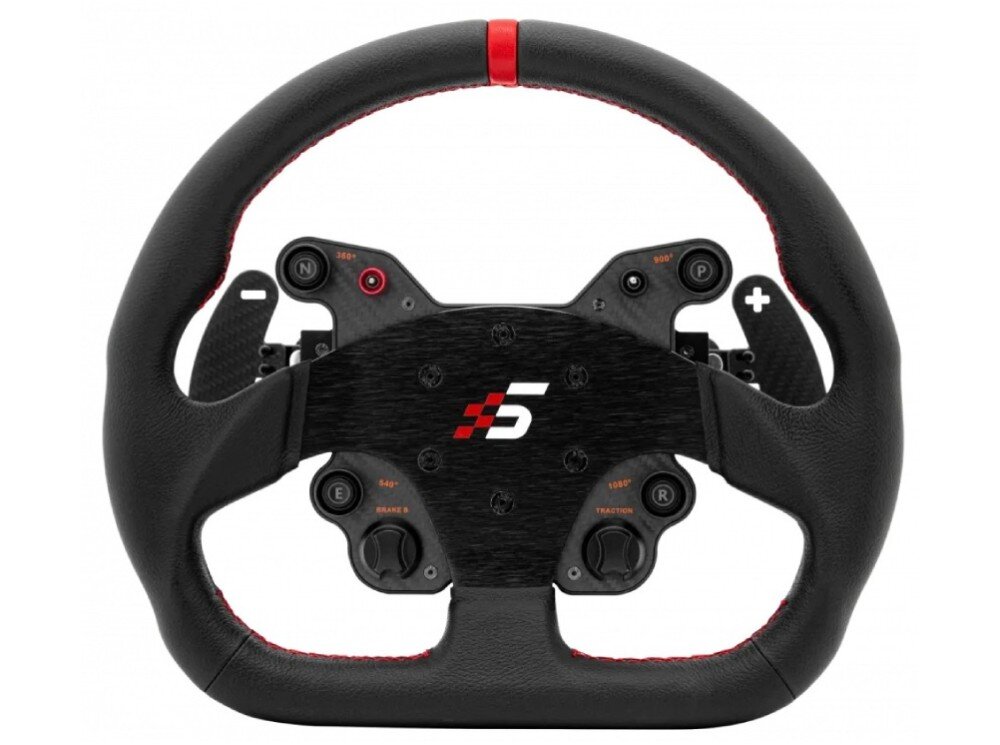 Kierownica SIMAGIC GT1 D-shape QR70 Widok od przodu na sportową kierownicę z licznymi przyciskami, pokrętłami i łopatkami zmiany biegów umieszczonymi wokół centralnego panelu