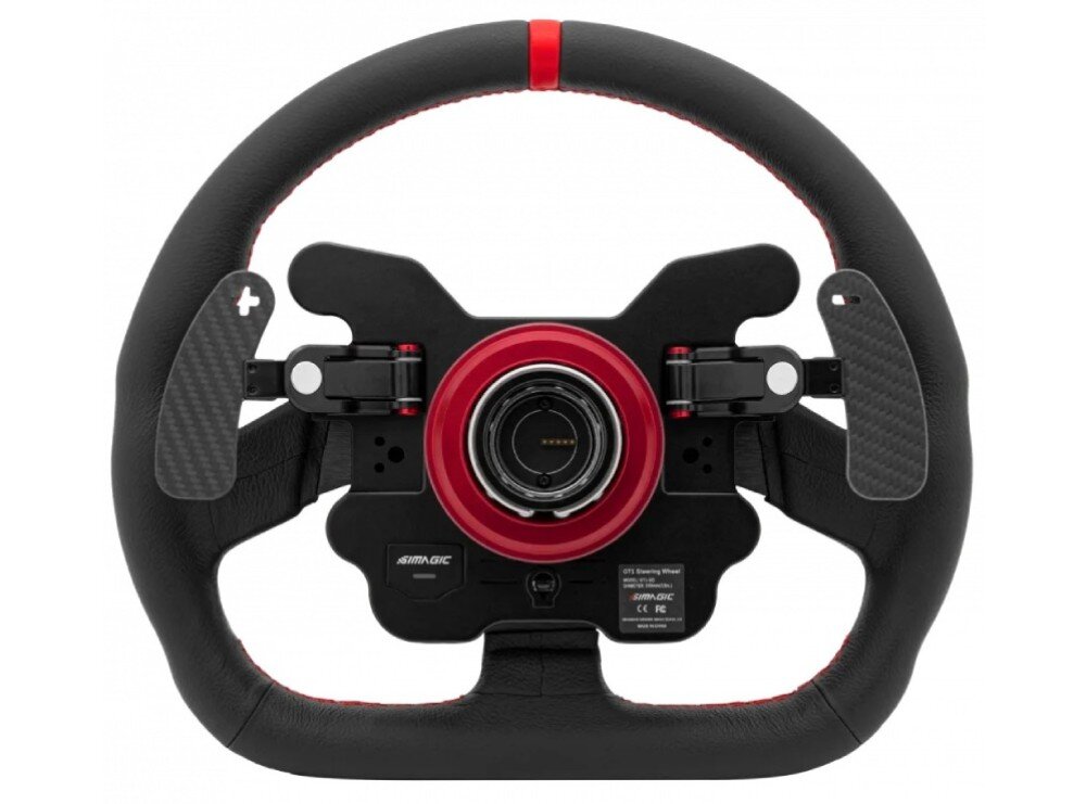 Kierownica SIMAGIC GT1 D-shape QR70 Widok od tyłu na sportową kierownicę, ukazujący centralny mechanizm szybkiego montażu quick release oraz dwie duże łopatki po bokach