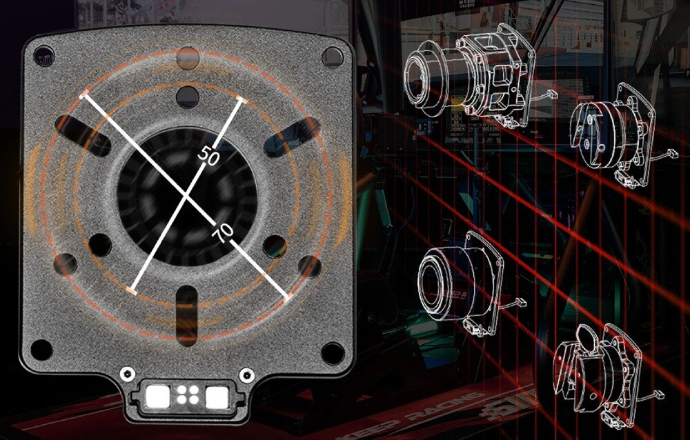 Adapter SIMAGIC Maglink Metalowa płytka montażowa z zaznaczonym rozstawem śrub 50 i 70 oraz schematyczne rysunki techniczne baz kierownicy po prawej stronie