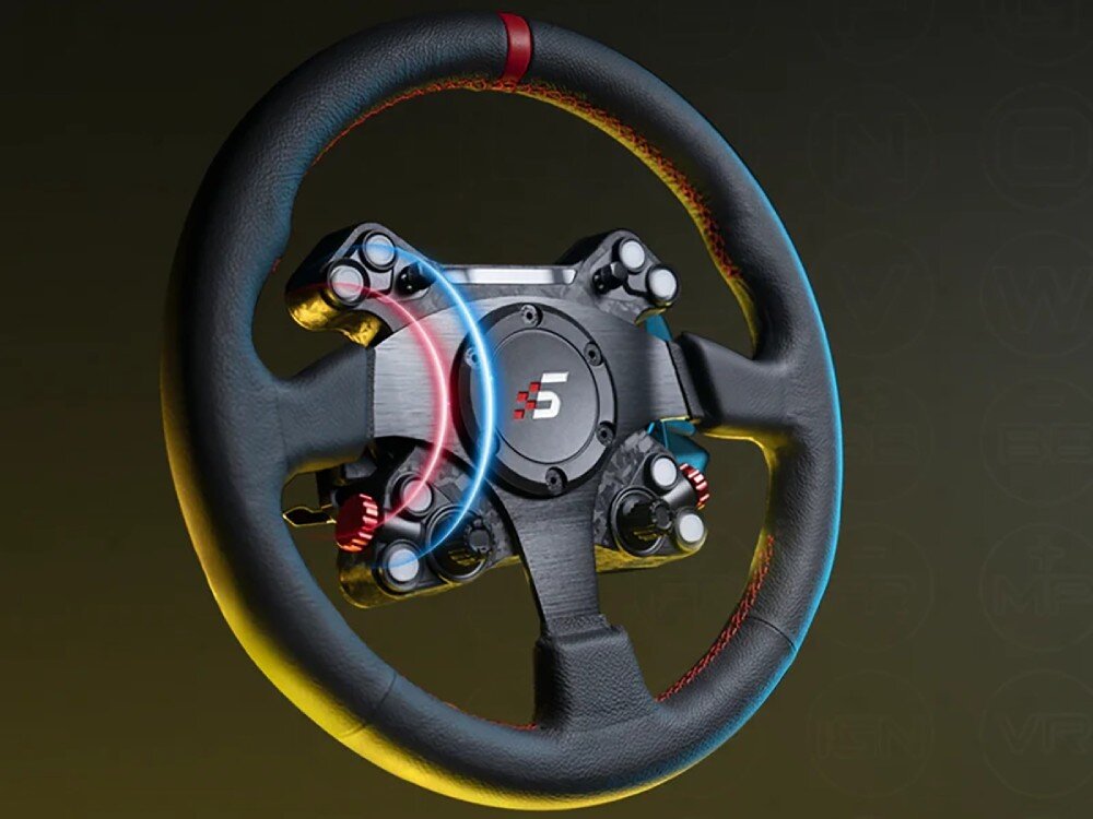 Kierownica SIMAGIC Neo X-330T Rally Steering Wheel Kierownica z centralnym panelem sterowania ułożona pod kątem na ciemnym tle