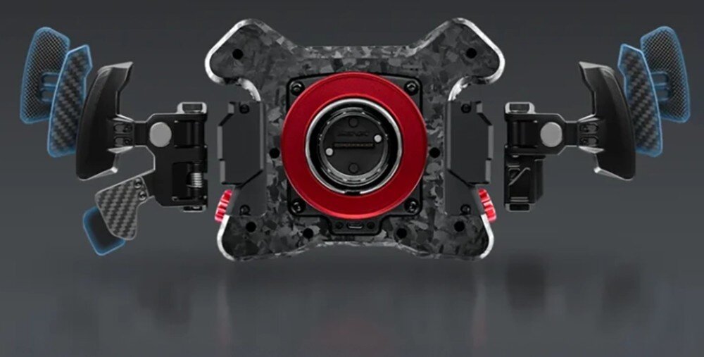 Kierownica SIMAGIC Neo X-330T Rally Steering Wheel Tylna część panelu kierownicy z widocznym mechanizmem szybkiego montażu oraz łopatkami zmiany biegów