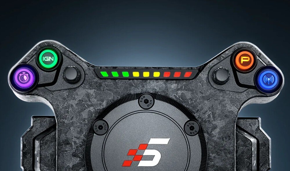Kierownica SIMAGIC Neo X-330T Rally Steering Wheel Górna część panelu kierownicy z rzędem diod LED oraz podświetlanymi przyciskami po bokach