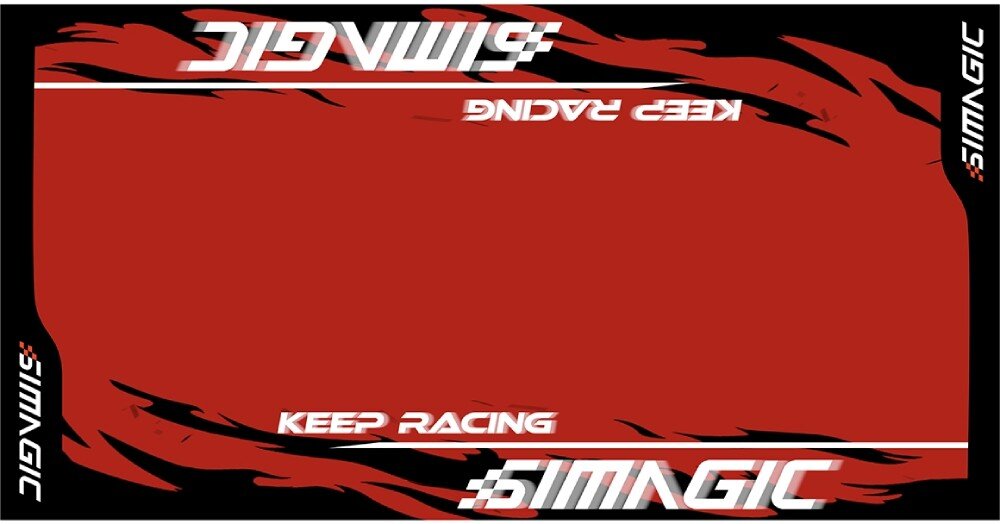 Mata pod fotel gamingowy SIMAGIC Carpet Płaski widok na prostokątną czerwoną matę ochronną z grafiką wyścigową, napisami 'KEEP RACING' oraz logo marki w rogach i na środku boków