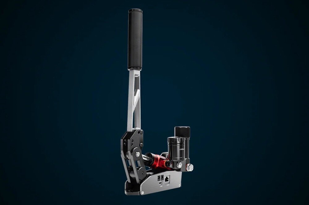 Hydrauliczny hamulec ręczny SIMAGIC TB-RS S504 Hamulec ręczny do symulacji wyścigów w pozycji pionowej ze zintegrowanym zbiornikiem płynu i portami USB na podstawie na ciemnym tle