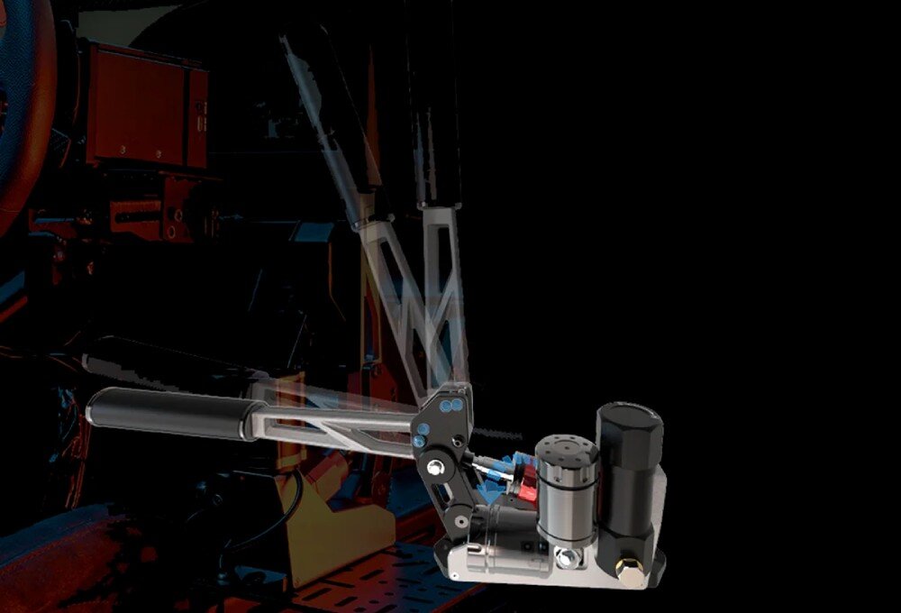 Hydrauliczny hamulec ręczny SIMAGIC TB-RS S504 Nałożone na siebie półprzezroczyste obrazy pokazujące zmianę pozycji dźwigni hamulca z pionowej do poziomej, w tle rozmyty kokpit