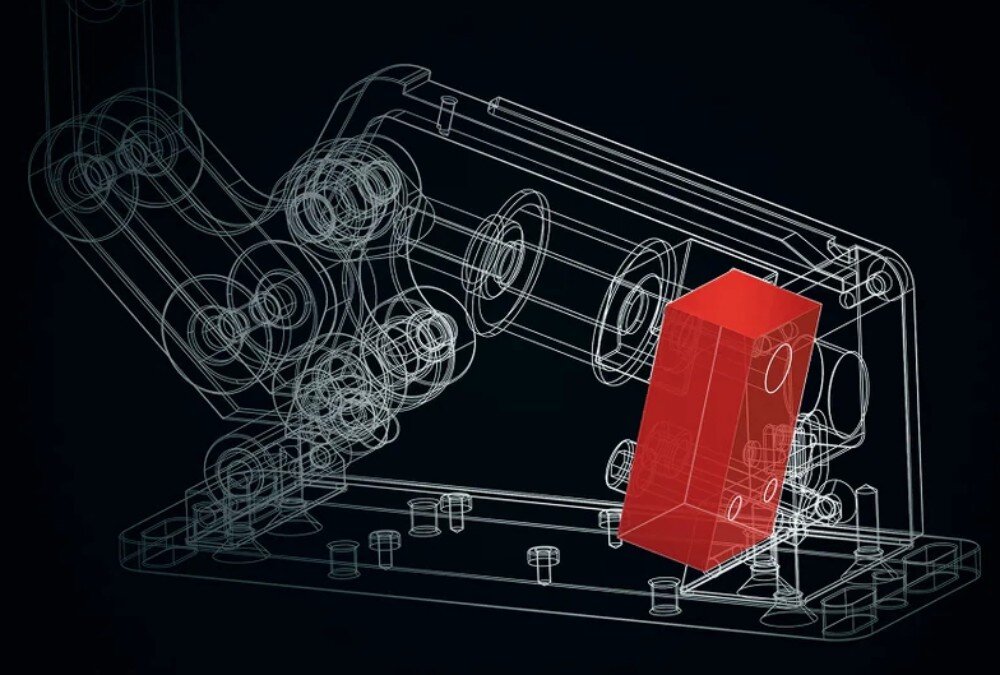 Hamulec ręczny SIMAGIC TB-1 techniczny schemat trójwymiarowy ukazujący wewnętrzną strukturę mechaniczną z zaznaczonym prostopadłościennym elementem