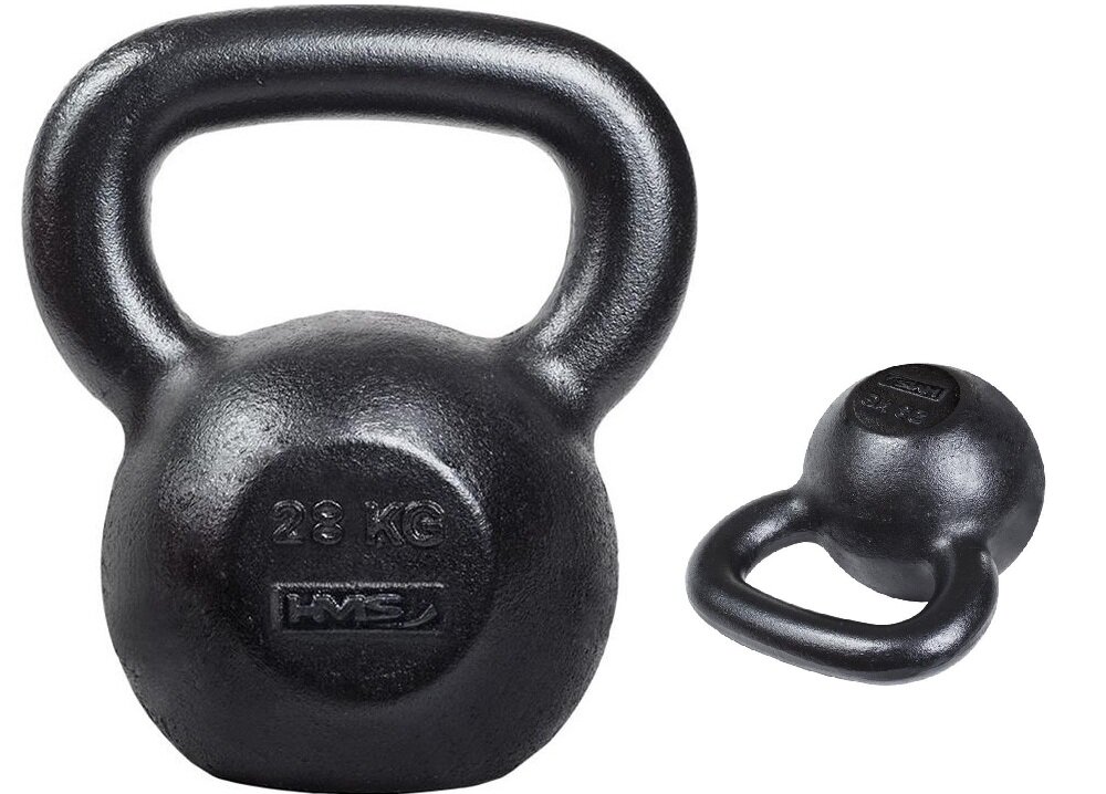 Kettlebell HMS KZG28 (28 kg) kettlebell na białym tle widoczny od przodu obok małe zdjęcie kettlebella położonego na płasko o masie 28 kg do treningu siłowego i funkcjonalnego pozwala ćwiczyć całe ciało w domu i na siłowni dzięki pracy wielostawowej angażujesz więcej mięśni jednocześnie skraca czas treningu i przynosi szybciej odczuwalne efekty
