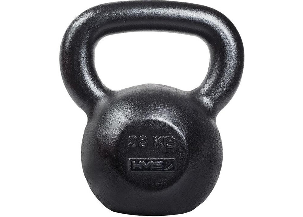 Kettlebell HMS KZG28 (28 kg) kettlebell na białym tle widoczny od przodu płaski spód umożliwia bezpieczne odstawienie odważnika na podłogę sprzęt nie przetacza się po powierzchni ułatwia organizację domowej strefy ćwiczeń