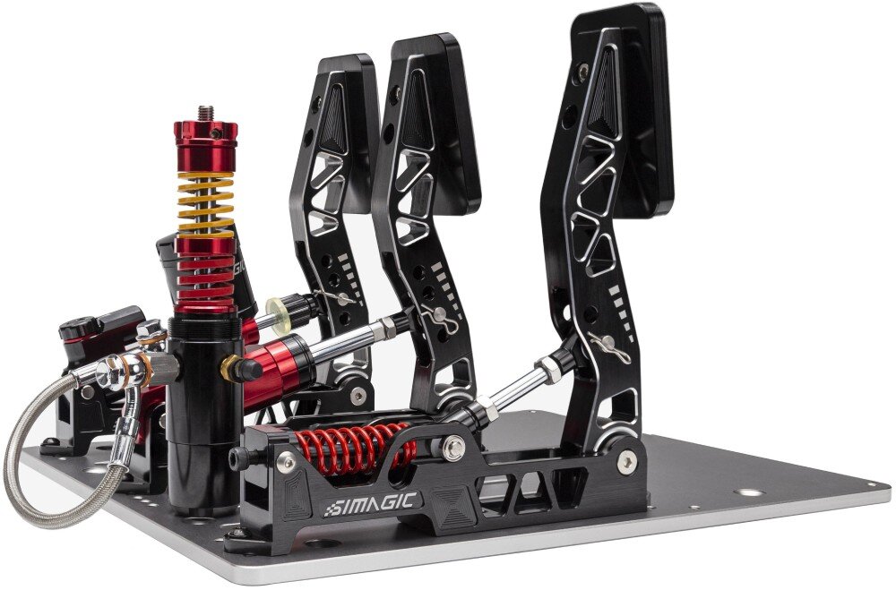 System hydrauliczny z trzema pedałami SIMAGIC S309 Pedały symulatora wyścigowego widziane z profilu od tyłu, widoczne mechanizmy tłokowe, sprężyny oraz konstrukcja ramion z wycięciami