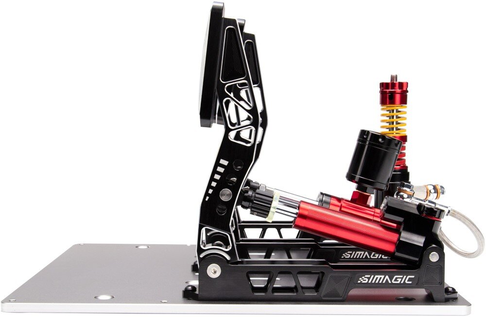 System hydrauliczny z trzema pedałami SIMAGIC S309 Pedały wyścigowe ukazane z boku, widoczny profil ramienia, mechanizm ze sprężyną oraz poziomy cylinder zamontowany do podstawy
