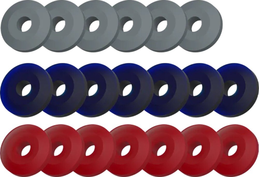 Podkładki gumowe i sprężyny SIMAGIC P1000/P1000i Trzy poziome rzędy okrągłych krążków z centralnym otworem ułożonych jeden obok drugiego na białym tle