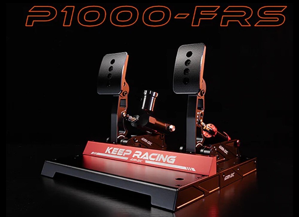 Zestaw SIMAGIC P1000-FRS S307 Formula Style Zestaw dwóch pedałów wyścigowych do symulatorów zamontowanych na stabilnej podstawie z napisem 'KEEP RACING' i podświetlanym symbolem modelu u góry