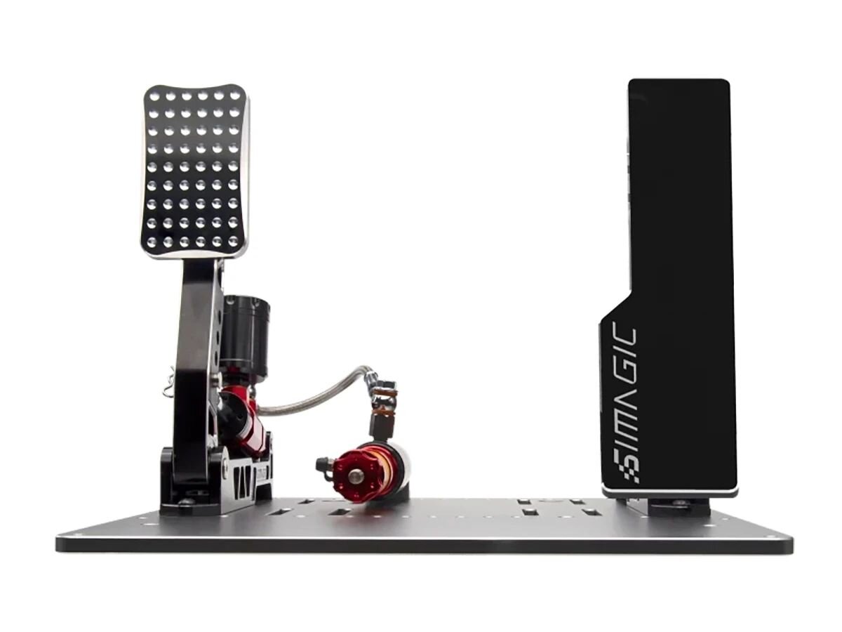 SIMAGIC S312 Pedał hamulca zamkniętym układzie hydraulicznym czujnikiem Load Cell wytrzymałości do 200 kg czujnikiem ciśnienia 200 BAR Wydłużona nakładka F - Widok od frontu na biały, czysty profil zestawu na stalowej podstawie z dwoma pedałami