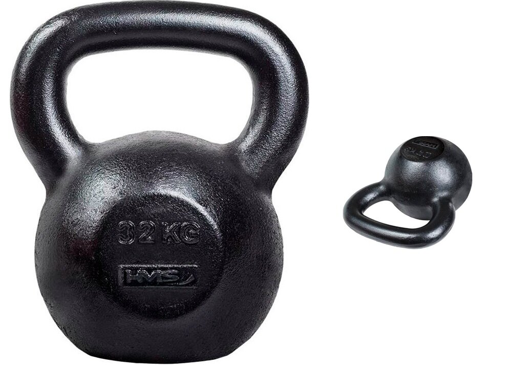 Kettlebell HMS KZG32 (32 kg) kettlebell na białym tle widoczny od przodu obok małe zdjęcie kettlebella położonego na płasko o masie 32 kg do treningu siłowego i funkcjonalnego pozwala ćwiczyć całe ciało w domu i na siłowni dzięki pracy wielostawowej angażujesz więcej mięśni jednocześnie skraca czas treningu i przynosi szybciej odczuwalne efekty
