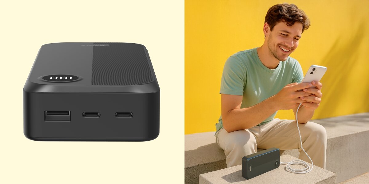 Powerbank HAMA 201755 20000 mAh 15W Czarny Zbliżenie na panel z trzema gniazdami ładowania w powerbanku oraz zdjęcie uśmiechniętego mężczyzny ładującego telefon na zewnątrz.