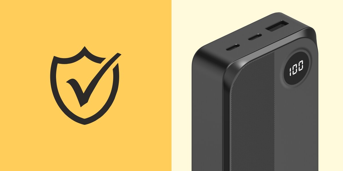 Powerbank HAMA 201755 20000 mAh 15W Czarny Ikona tarczy z ptaszkiem symbolizująca certyfikowane bezpieczeństwo i ochronę ogniw obok zbliżenia na elegancką, teksturowaną obudowę powerbanku.