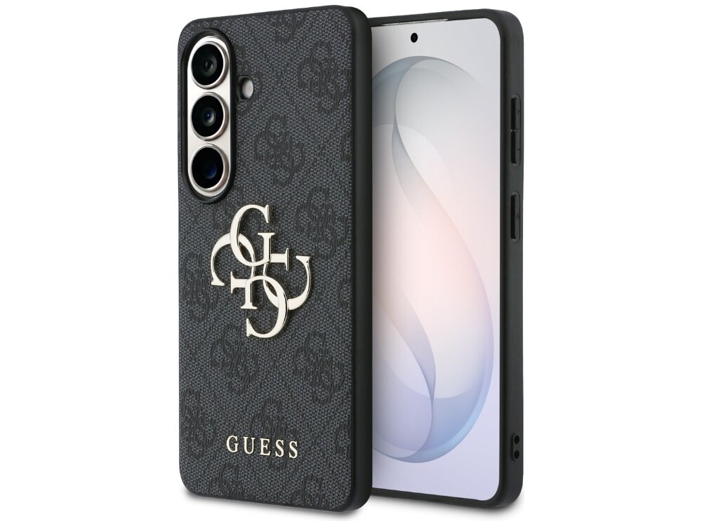 Etui Guess IML Big Metal 4G Samsung Galaxy S26+ - eleganckie, metalowe logo, szykowne Szare etui Guess 4G Big Metal Logo do Samsung Galaxy S26+ z wzorem 4G, widok z obu stron.