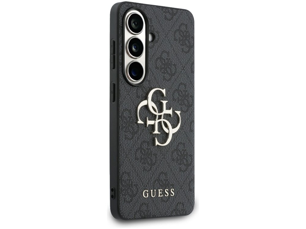 Etui Guess IML Big Metal 4G Samsung Galaxy S26 - metalowy emblem, elegancki, luksusowy Tył szarego etui Guess 4G Big Metal Logo do Samsung Galaxy S24 Plus z dużym złotym logo Guess.